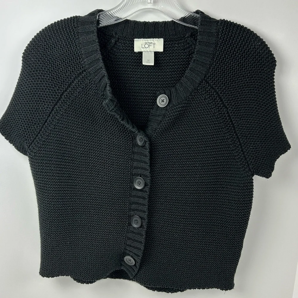 LOFT Black Short Sleeve Knit Button Front Cardigan
